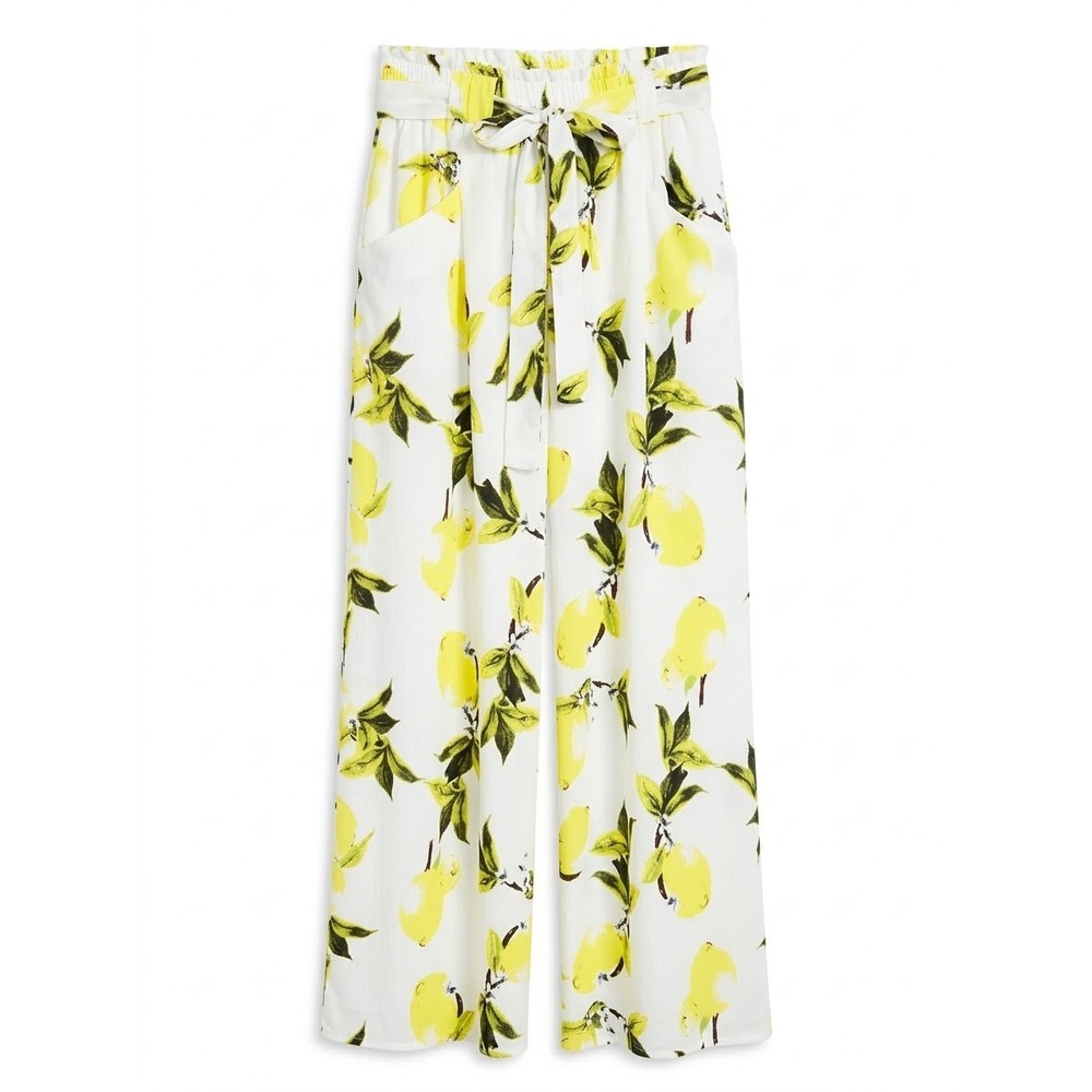 Papillon Lemon Print Paperbag Waist Pants Women Large White Yellow Wide Leg NWT